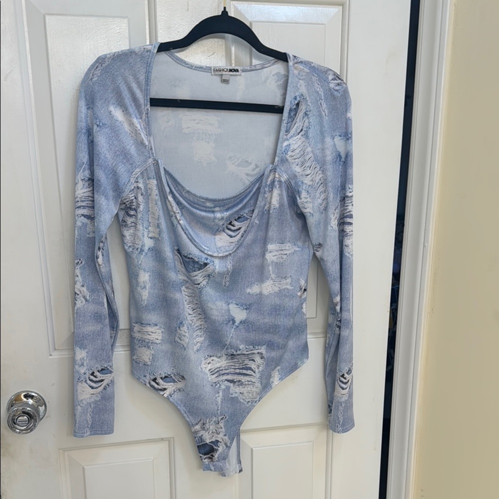 Fashion Nova Asymmetrical Ruched Blue Bodysuit